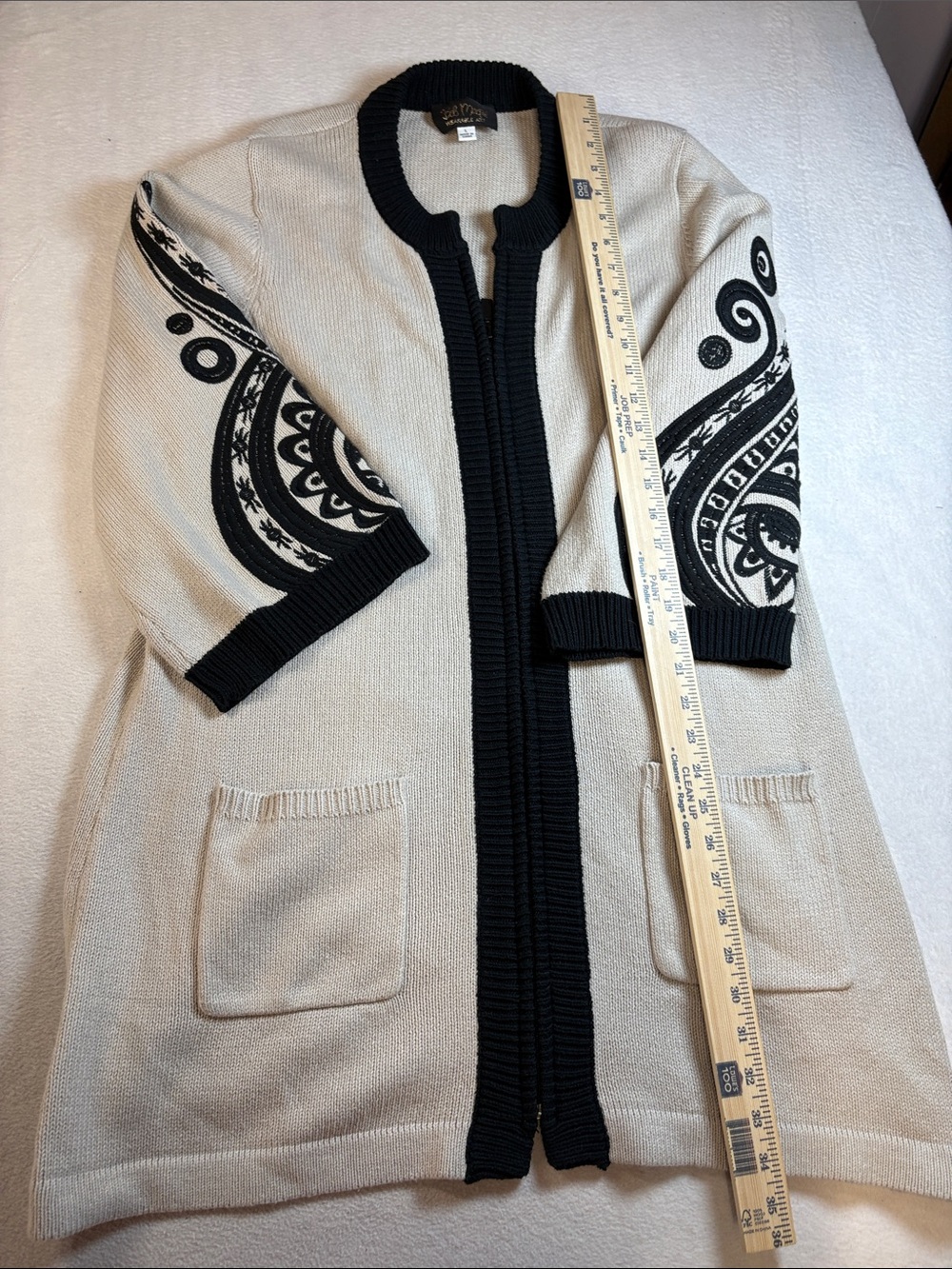 Bob Mackie Cream Cardigan with Black Trim and Sleeve Design